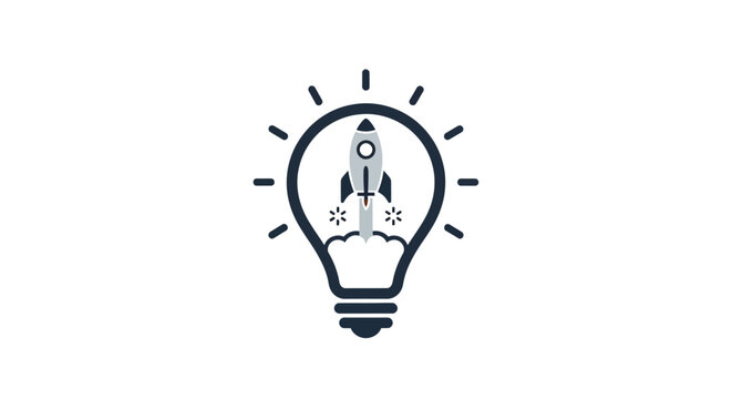 A rocket ship launching inside a glowing light bulb icon