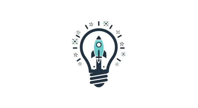 A rocket ship launches inside a glowing light bulb icon design