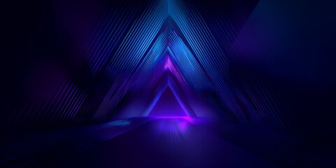 Fototapeta premium Vibrant purple and blue neon triangle portal futuristic sci-fi glowing tunnel dark geometric perspective retro wave aesthetic