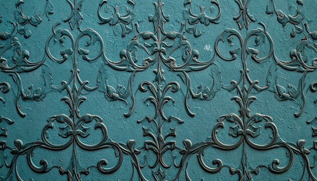 Ornate Teal Metal Background with Vintage Filigree Pattern