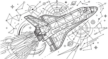Space shuttle spacecraft launching with stars constellations and geometric navigation symbols line art vector illustration for coloring page © Andikia