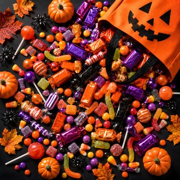 Spilled halloween candy bag with orange pumpkins and spiders on black background top.