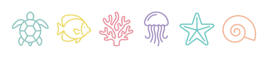 Naklejka premium Cute pastel outline sea creatures and marine elements vector illustration set featuring a turtle, fish, coral, jellyfish, starfish, and seashell designs.
