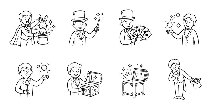 Magician performing various magic tricks with props and illusions, including a rabbit from a hat, playing cards, and a treasure chest.