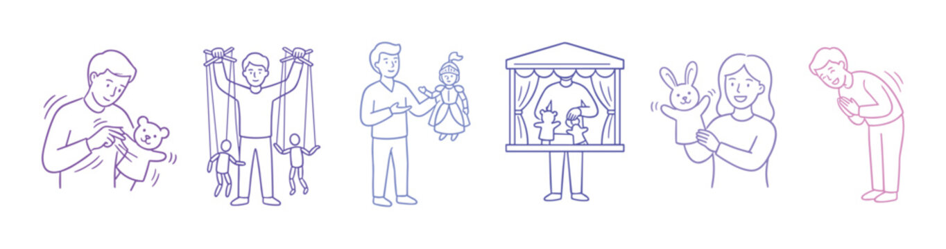 People engaging in various puppet show activities, from playing with hand puppets to operating marionettes and performing on a stage.