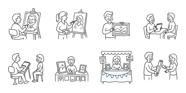 Artists, painters, illustrators, and their creative processes, including drawing, painting, and selling artworks at various art markets.