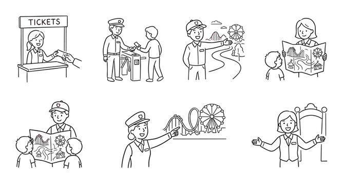 Amusement park staff and visitors engage in various activities, including ticket purchase, entry, and receiving directions to attractions.