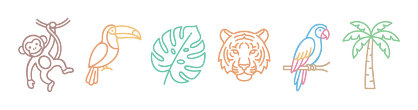 Jungle animals and plants line art icons featuring a monkey, toucan, monstera leaf, tiger, parrot, and palm tree in a modern minimalist style.
