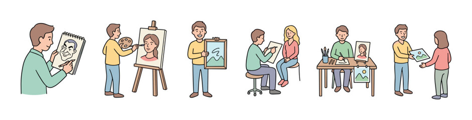 Obraz premium Artists drawing portraits, caricatures, and landscapes, showcasing their creative process from initial sketch to presenting finished artwork.