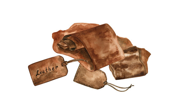 Watercolor illustration of the rolled leather material and labels isolated on transparent background. For perfumery projects, dressmakers, old-fashioned themes, art prints, fashion articles