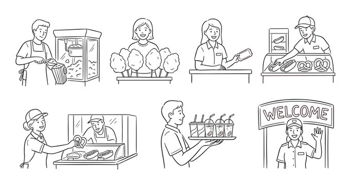 Smiling concession stand workers preparing and serving delicious snacks, refreshing drinks, and tickets at various entertainment venues.