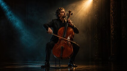 Fototapeta premium Cellist performing in warm dramatic concert light. Concept for classical music, orchestral performance, artistic discipline and live cultural event. 