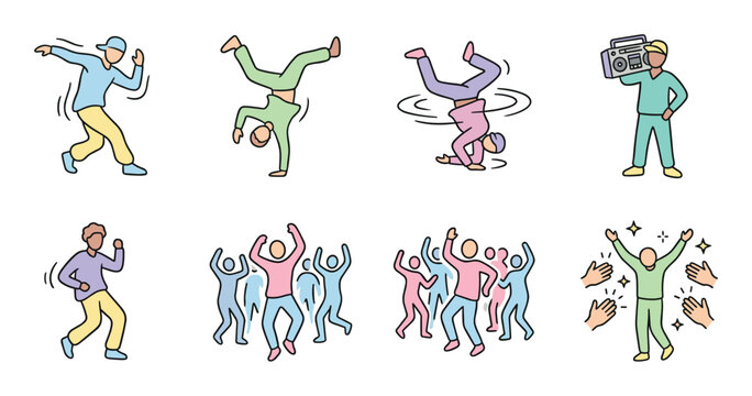Diverse group of people showcasing energetic hip hop and breakdance moves, celebrating together with dynamic poses and enjoying the vibrant music culture.