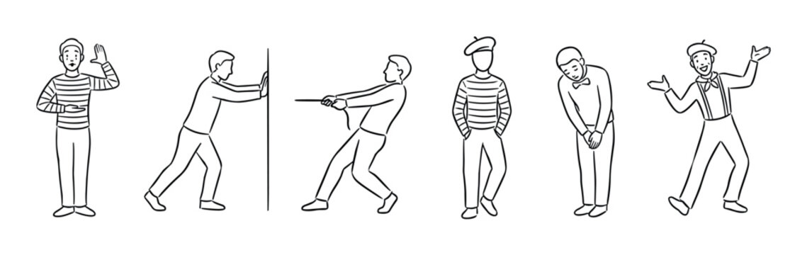 Mimes performing various theatrical gestures and actions including pushing, pulling, bowing, and waving in a classic black and white line art style.