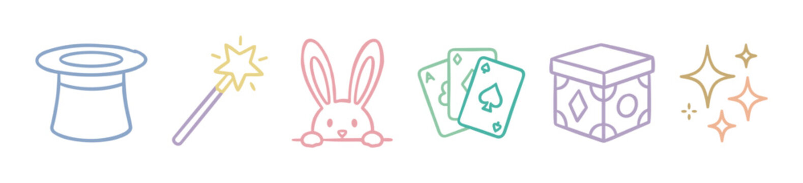Charming collection of magic themed icons including a top hat, wand, rabbit, playing cards, and a patterned box, all rendered in a soft pastel outline style.