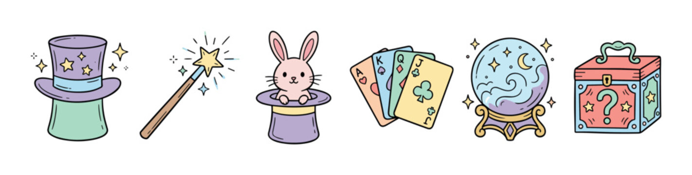 Cute doodle magic mystery items collection illustration featuring a top hat, wand, rabbit, playing cards, crystal ball, and treasure chest.