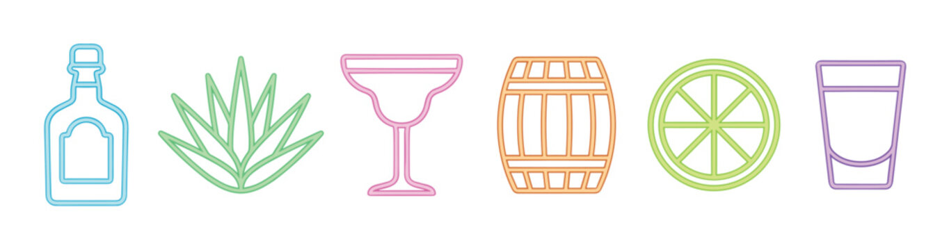 Vibrant outline icons illustrating essential tequila elements including a bottle, agave plant, margarita glass, wooden barrel, lime slice, and shot glass.