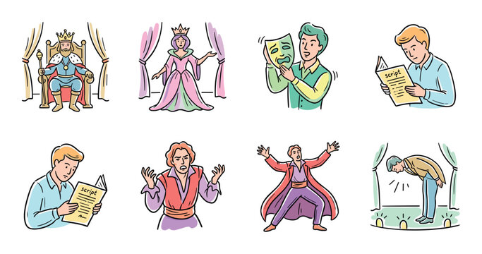 Theater acting performance roles characters illustrations depict various scenes from stage productions and dramatic arts, showcasing different aspects of performance.