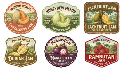 Collection of Tropical Fruit Jam Jars Labels Featuring Vintage Label Design Styles with Organic Produce and Farm Fresh Imagery © OKM Studio