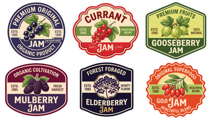 Set of six organic jam jars featuring a classic Vintage Label Design with illustrative berry fruit motifs and rustic typography © OKM Studio