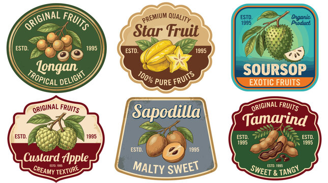 Set of Vintage Label Design Elements Featuring Illustrations of Assorted Exotic Tropical Fruits Including Longan Soursop and Tamarind
