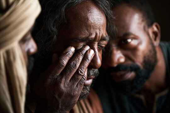 Jesus healing a blind man with a gentle touch to his eyes in an intimate miraculous moment