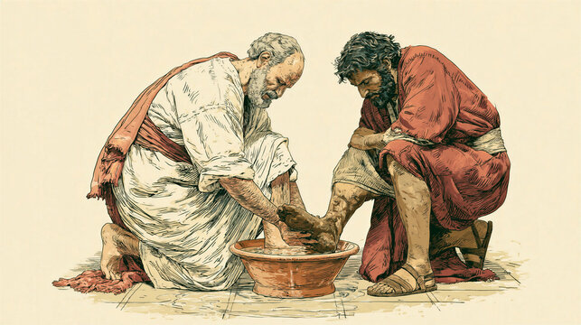 Jesus kneeling to wash the dirty feet of his disciple Peter with a basin of water in profound humility