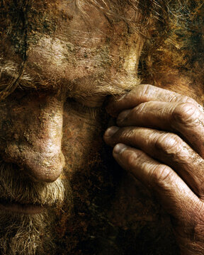 Jesus healing the blind man by applying mud to his eyes in a deeply emotional close-up portrait of sacred touch