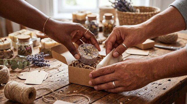 Hands packing handmade lavender oatmeal soap into a gift box with natural ingredients and twine on a wooden table
