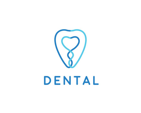 Blue tooth logo with a linear heart shape inside. This modern medical logotype is perfect for professional clinic branding, healthcare startups and clean stomatology services.