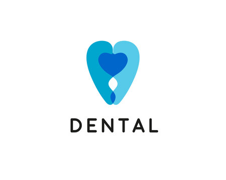 Abstract blue tooth logo formed by layered heart shapes. This modern medical logotype is perfect for professional clinic branding, healthcare startups and clean stomatology services.