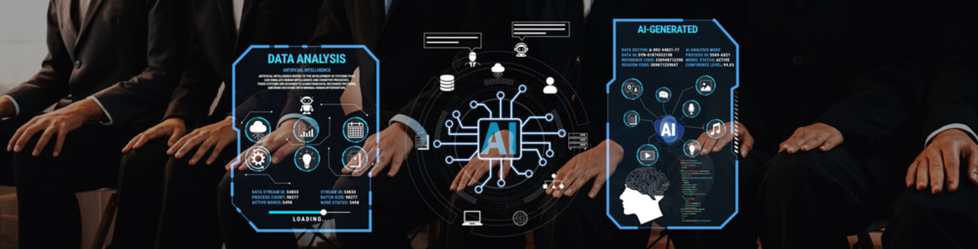 Business professionals in suits engaged in data analysis with futuristic screens showcasing artificial intelligence and data visualization concepts Fluxor.