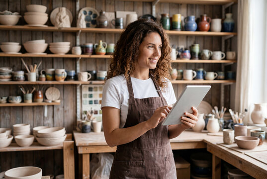A smiling female potter wearing a brown apron holds a digital tablet inside her ceramics studio