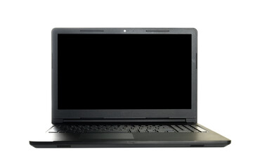 Fototapeta premium black laptop with completely turned off dark screen stands straight in the center on a white background