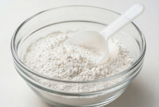 Glass bowl filled with white cornstarch and a plastic scoop on white background