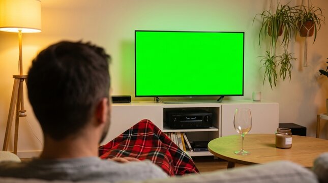 Man Relaxing on Sofa Watching Television with Green Screen Chroma Key in Cozy Home Interior at Night