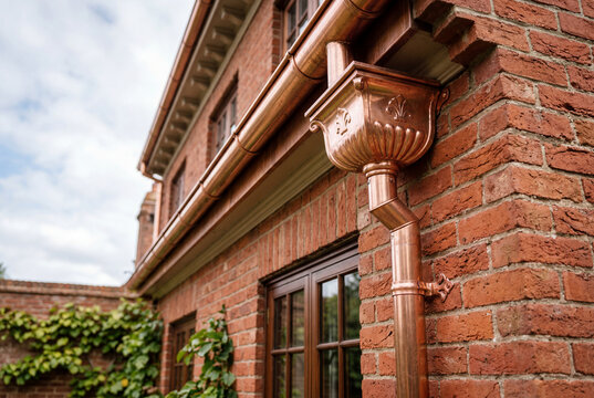 Shiny copper rain gutter and downspout installed on the exterior of a brick house