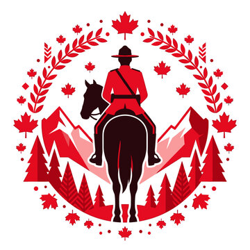 Canada Day Illustration with RCMP Mountie and Mountain Landscape