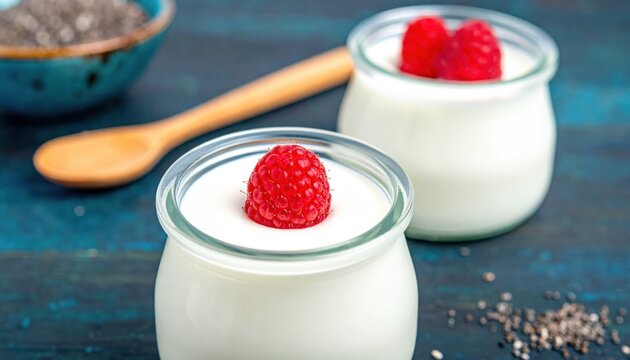 Creamy Yogurt with Fresh Raspberries and Chia Seeds in Glass Jars