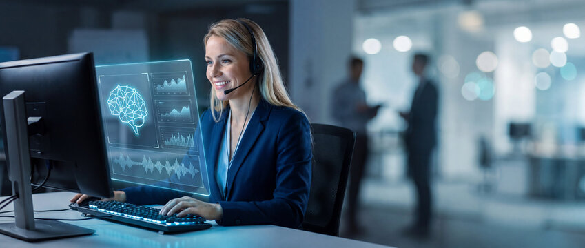 Smiling female operator wearing headset analyzes futuristic holographic interface displaying brain activity and data charts, working in a modern office environment with colleagues in background