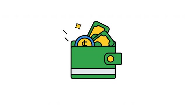 Bank icon with green wallet, paper money, gold coins for wealth finance. Suitable for financial apps, websites, presentations, and infographics.