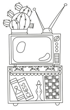 Tv On Stand With Chess Books And Coloring Page