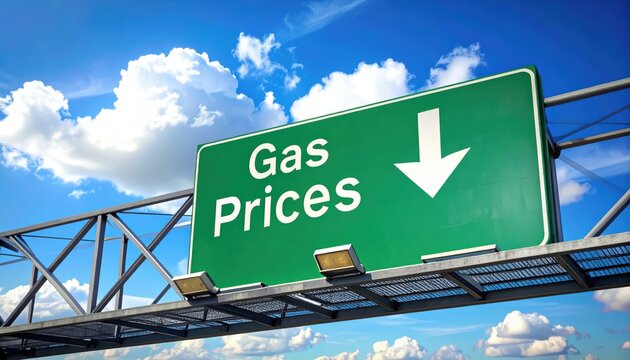 Gas Prices Falling Sign with Down Arrow, Concept of Lower Fuel Costs