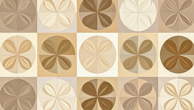 Abstract Geometric Pattern Beige and Brown Floral Circles and Squares Tiles