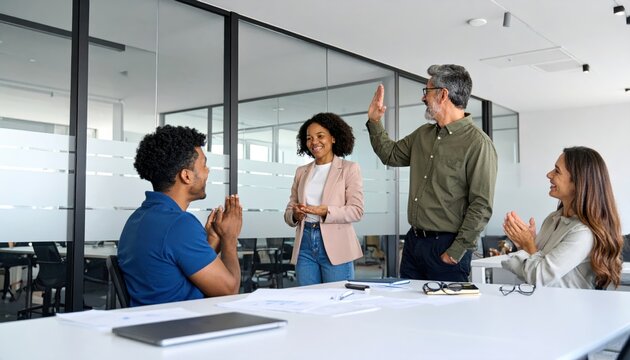 Diverse Team Applauding Success in Modern Office Meeting