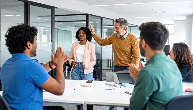 Diverse Business Team Applauding Success in Modern Office Meeting