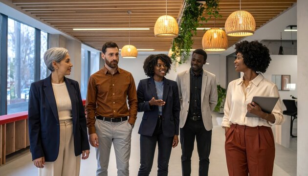 Diverse business team walking and talking in modern office hallway