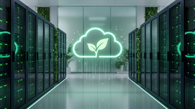 Eco-Conscious Data Storage Facility with Vertical Gardens and Sustainable Cloud Hologram
