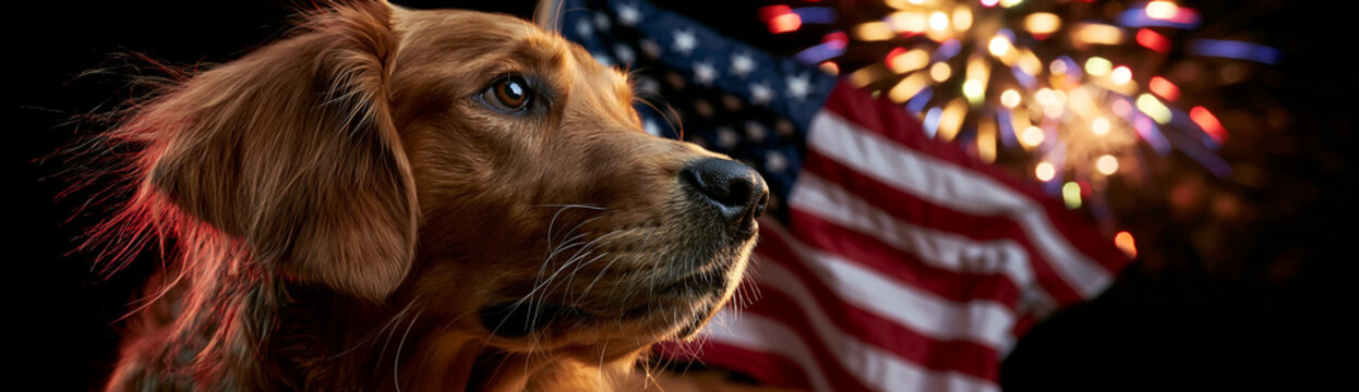 Golden Retriever dog side profile watching fireworks with American flag. 4th of July Independence Day patriotic long panoramic banner with copy space