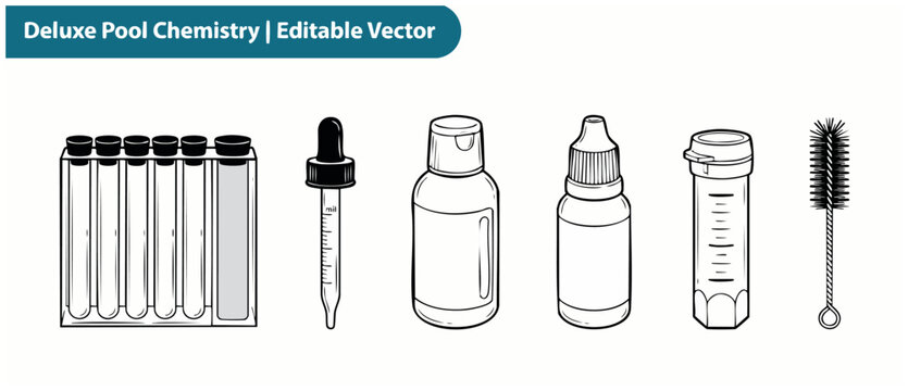 Pool water chemistry test kit vector outline icons of laboratory equipment, dropper, reagent bottle, ph tester vial and brush for swimming pool maintenance and quality control analysis on white.